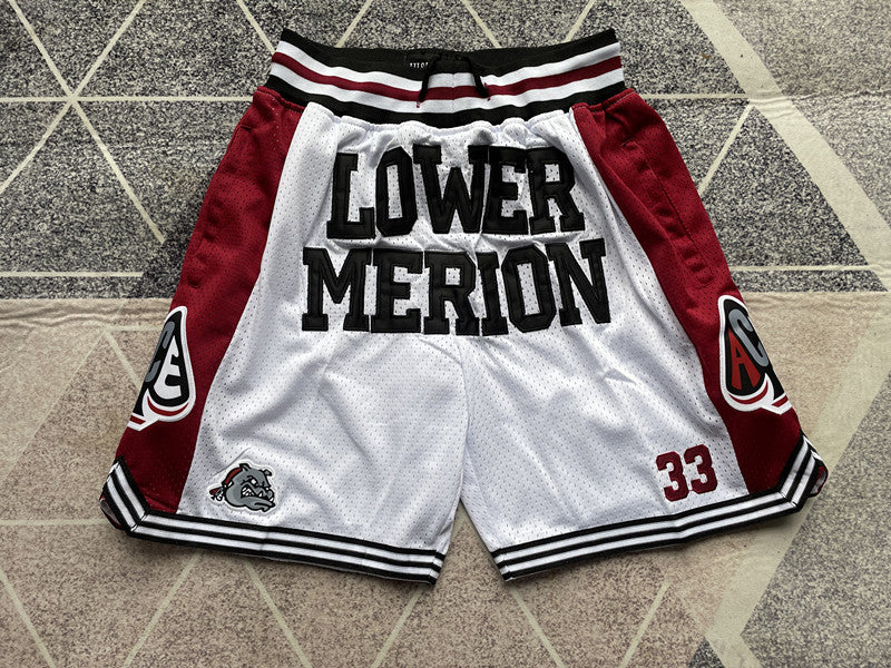 White Lower Merion premium basketball shorts, full front view
