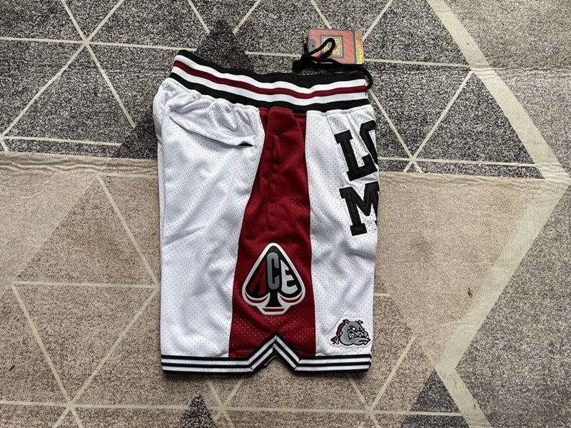 White Lower Merion premium basketball shorts, side panel detail