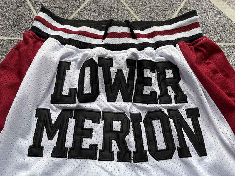 White Lower Merion premium basketball shorts, waistband and label detail
