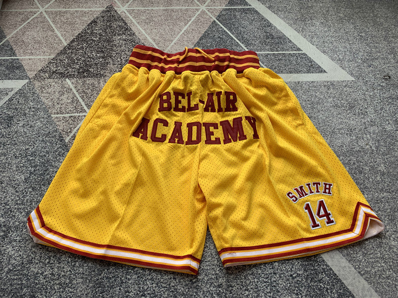 Yellow Lower Merion premium basketball shorts, full front view