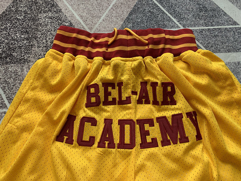 Yellow Lower Merion premium basketball shorts, graphic detail