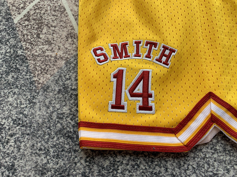 Yellow Lower Merion premium basketball shorts, waistband and label detail