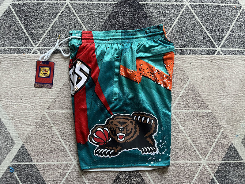 Multi-color Memphis Grizzlies premium basketball shorts, side panel detail