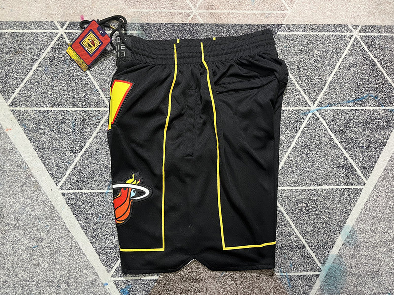 Black Miami Heat premium basketball shorts, side panel detail