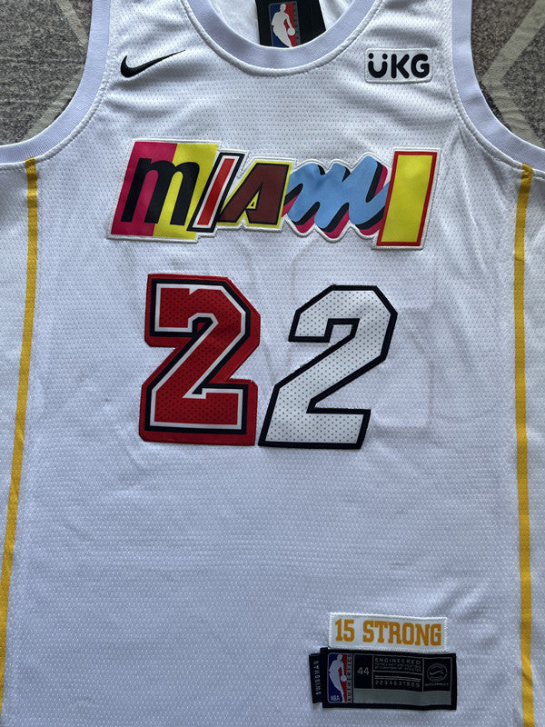 White Miami Heat basketball jersey, front graphic detail