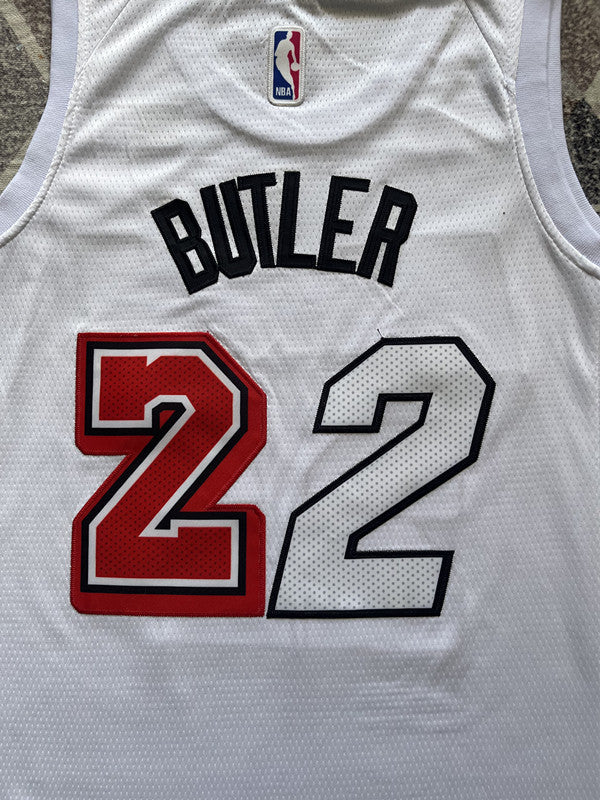 White Miami Heat basketball jersey, back lettering and number detail