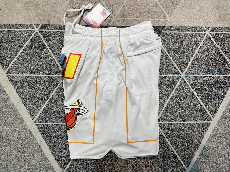 White Miami Heat premium basketball shorts, side panel detail