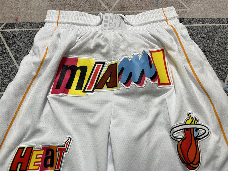 White Miami Heat premium basketball shorts, graphic detail