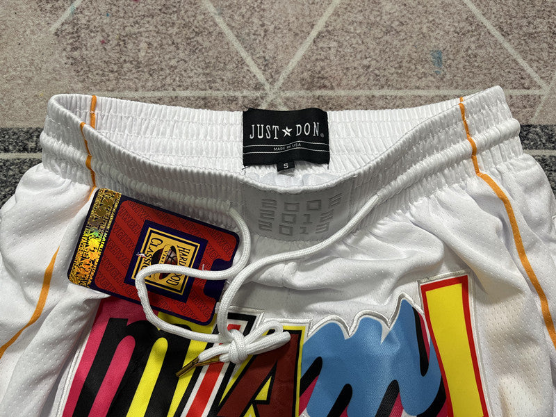 White Miami Heat premium basketball shorts, waistband and label detail