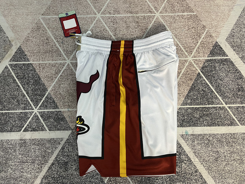 White Miami Heat premium basketball shorts, side panel detail