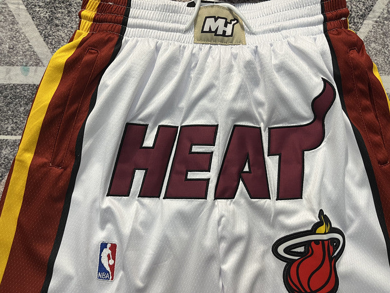 White Miami Heat premium basketball shorts, graphic detail