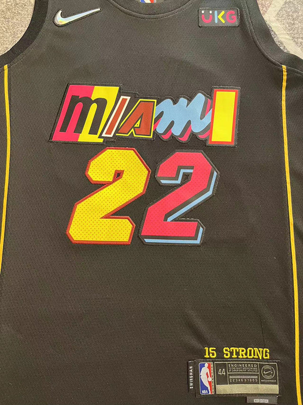 Black Miami Heat basketball jersey, front graphic detail