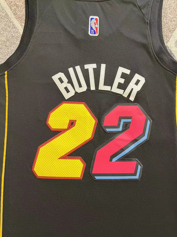 Black Miami Heat basketball jersey, back lettering and number detail