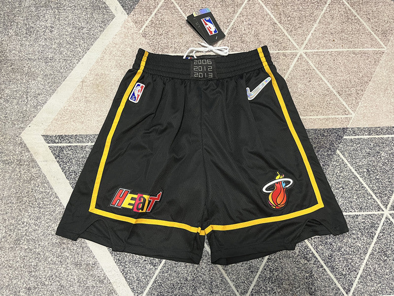Black Miami Heat basketball shorts, full front view