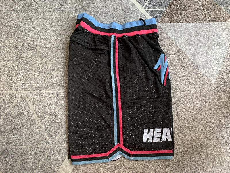 Black Miami Heat premium basketball shorts, side panel detail