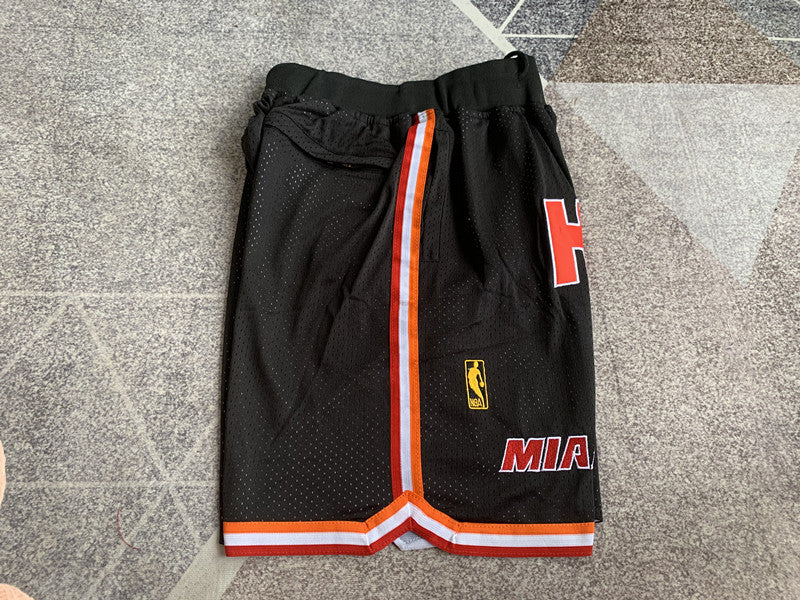 Black Miami Heat premium basketball shorts, side panel detail