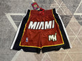 Maroon Miami Heat premium basketball shorts, full front view