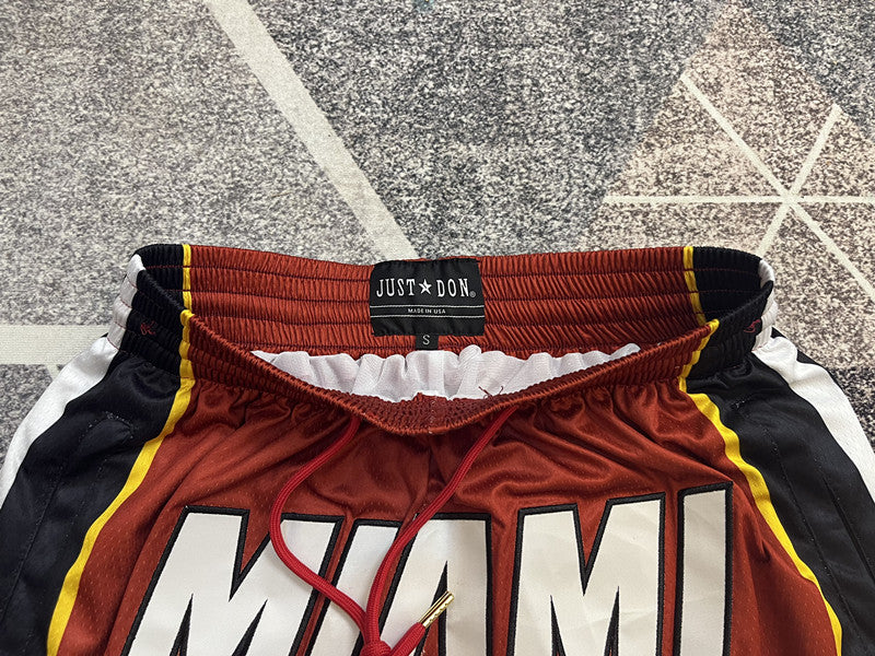 Maroon Miami Heat premium basketball shorts, waistband and label detail