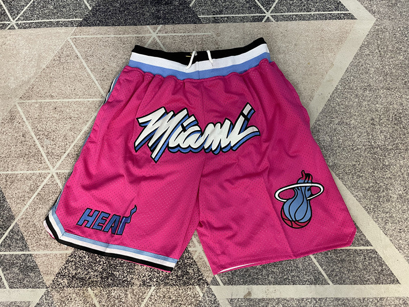 Pink Miami Heat premium basketball shorts, full front view