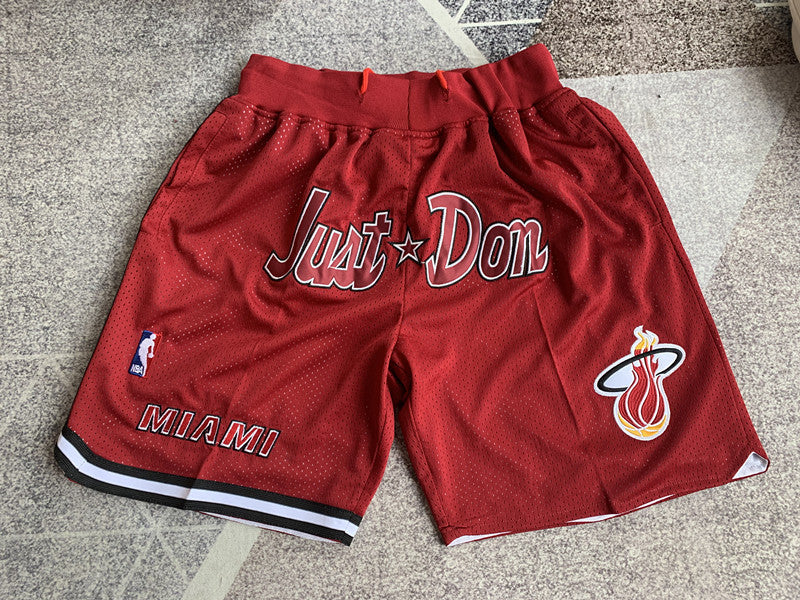 Red Miami Heat premium basketball shorts, full front view