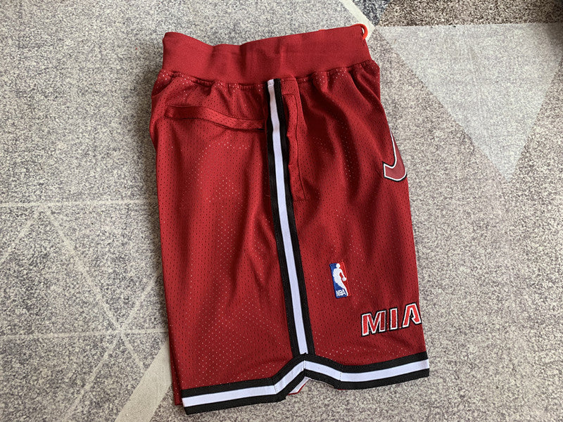 Red Miami Heat premium basketball shorts, side panel detail