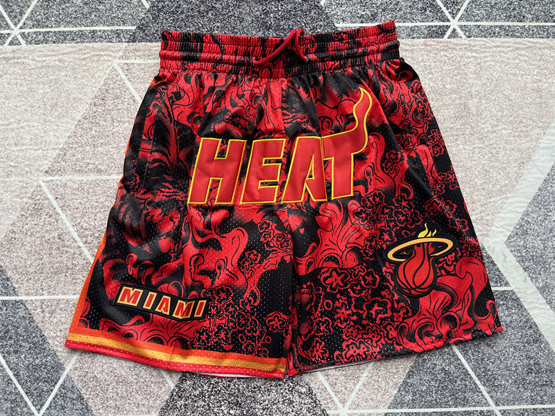 Red Miami Heat premium basketball shorts, full front view