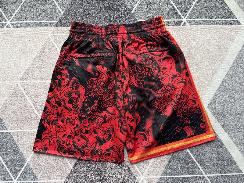 Red Miami Heat premium basketball shorts, full back view