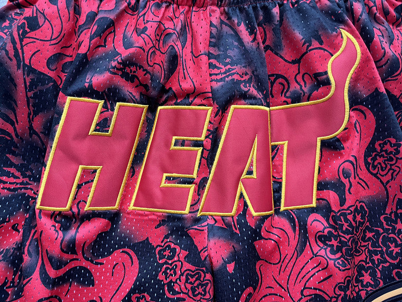 Red Miami Heat premium basketball shorts, waistband and label detail