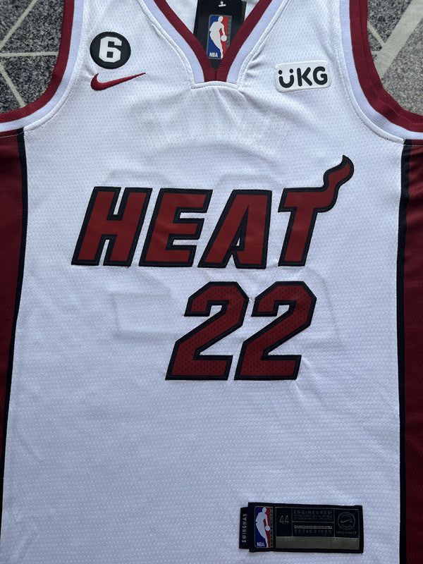 White Miami Heat basketball jersey, front graphic detail