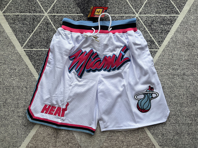 White Miami Heat premium basketball shorts, full front view