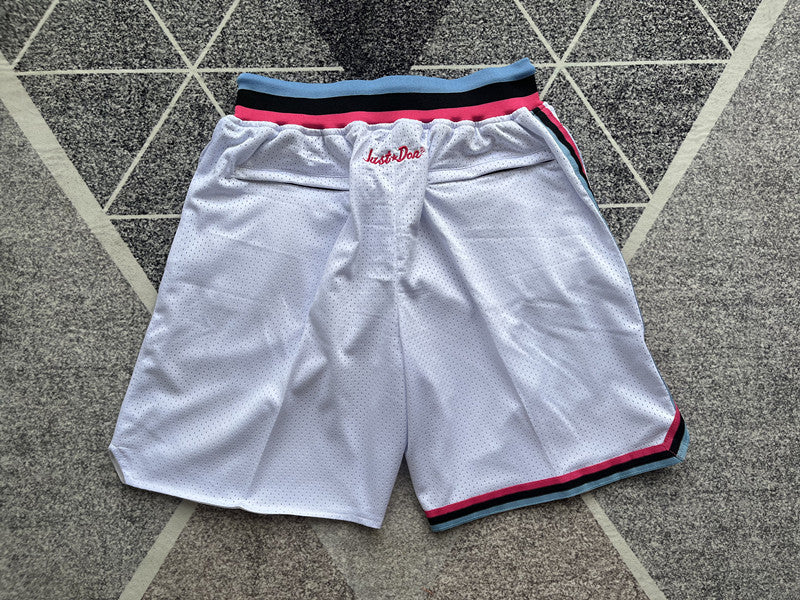 White Miami Heat premium basketball shorts, full back view
