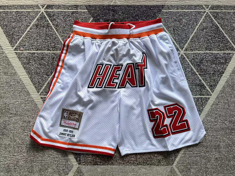 White Miami Heat premium basketball shorts, full front view