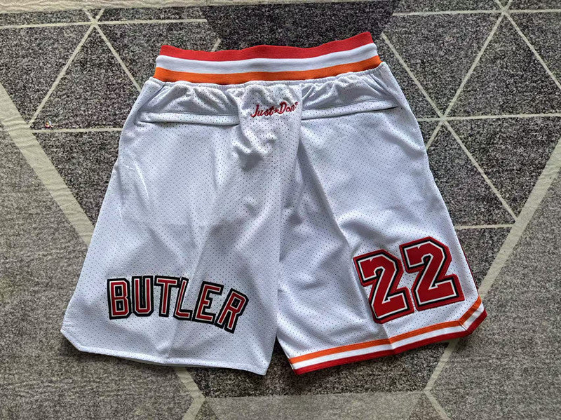 White Miami Heat premium basketball shorts, full back view