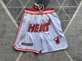 White Miami Heat premium basketball shorts, full front view