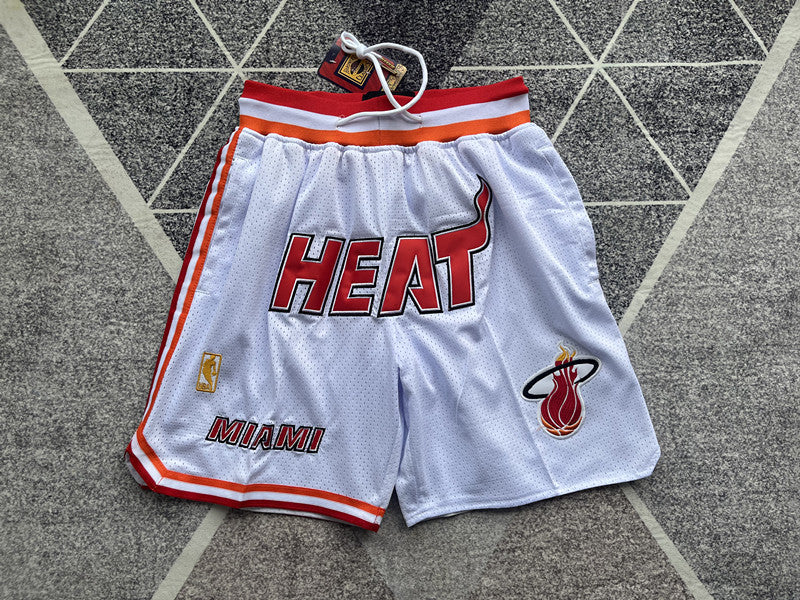 White Miami Heat premium basketball shorts, full front view