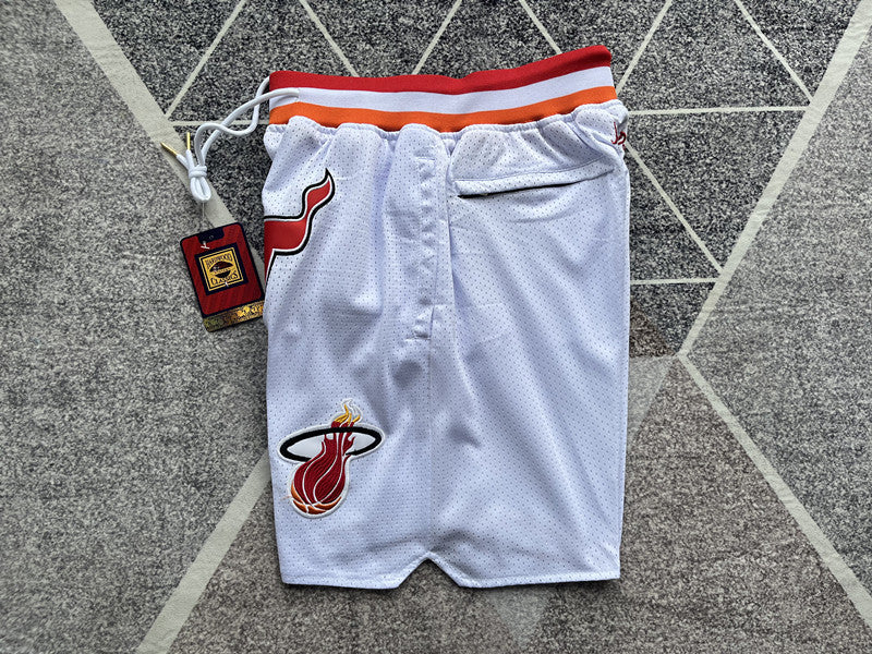 White Miami Heat premium basketball shorts, side panel detail