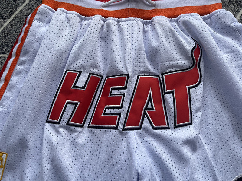 White Miami Heat premium basketball shorts, graphic detail
