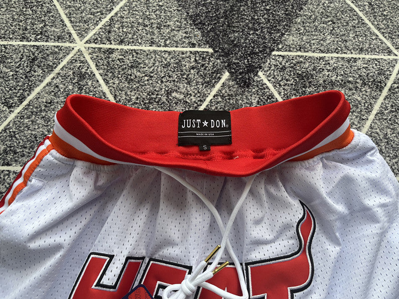 White Miami Heat premium basketball shorts, waistband and label detail
