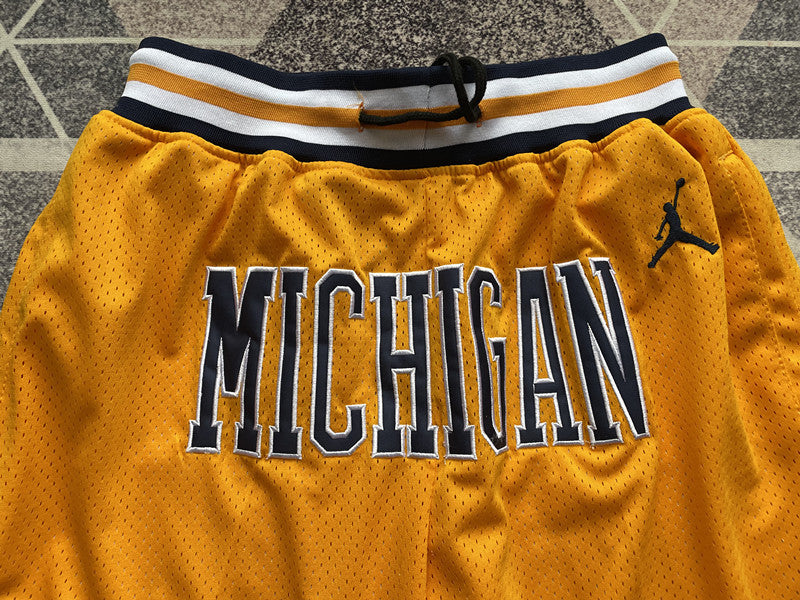 Yellow Michigan premium basketball shorts, graphic detail