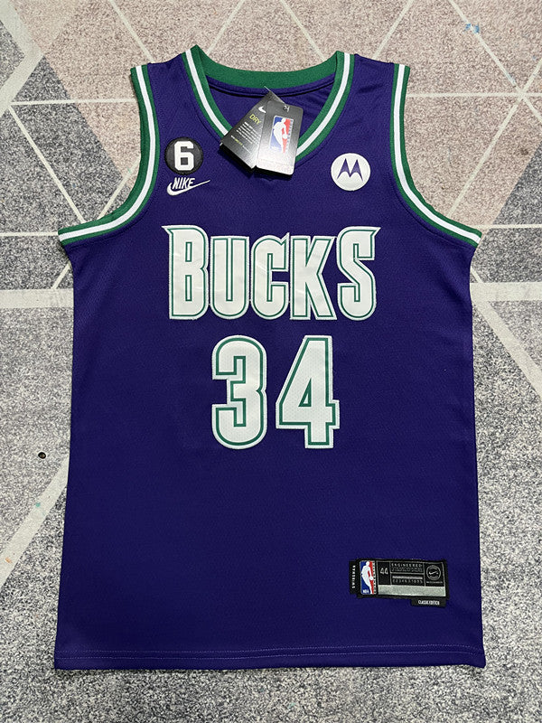 Purple Milwaukee Bucks basketball jersey, full front view