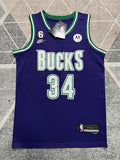 Purple Milwaukee Bucks basketball jersey, full front view
