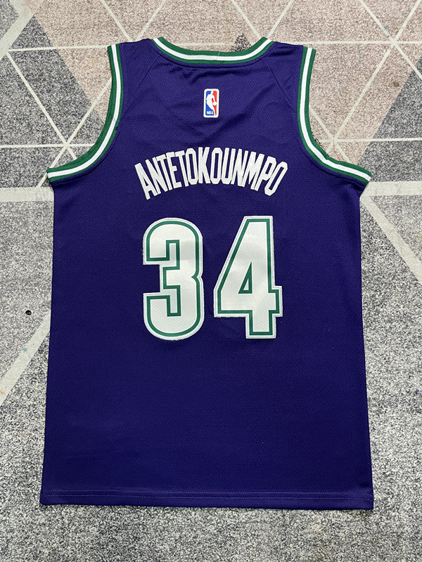 Purple Milwaukee Bucks basketball jersey, full back view