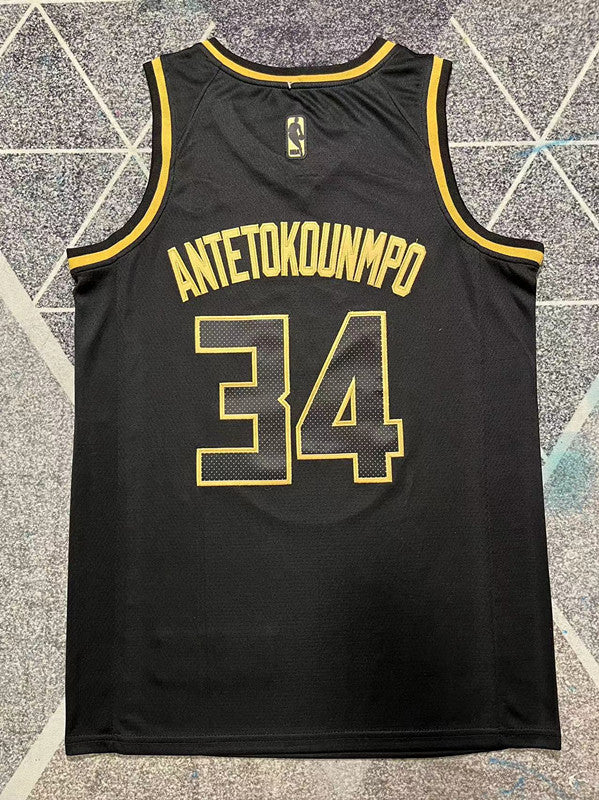 Black and Gold Milwaukee Bucks basketball jersey, full back view