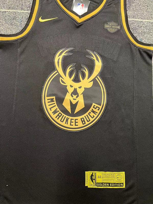 Black and Gold Milwaukee Bucks basketball jersey, front graphic detail