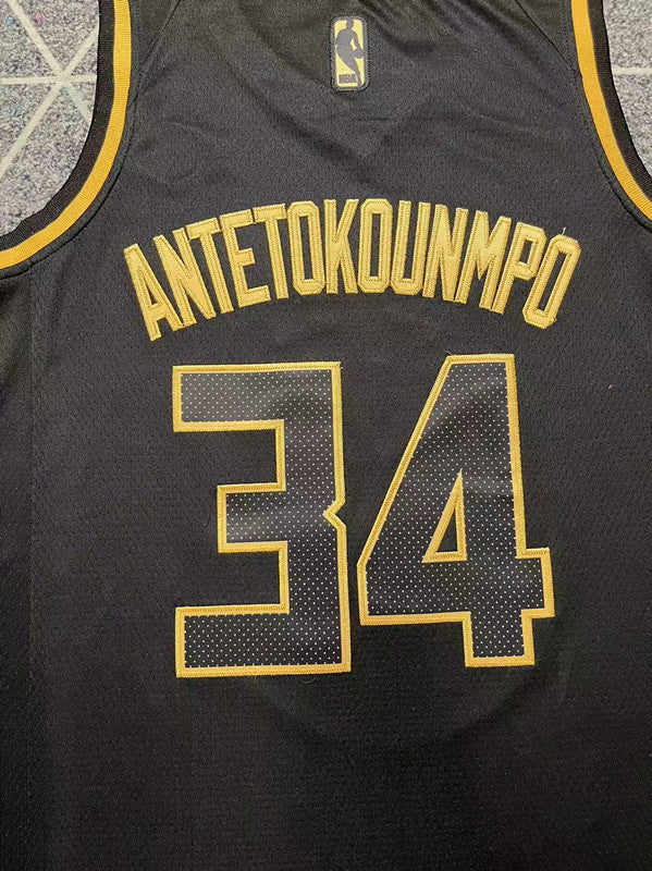 Black and Gold Milwaukee Bucks basketball jersey, back lettering and number detail