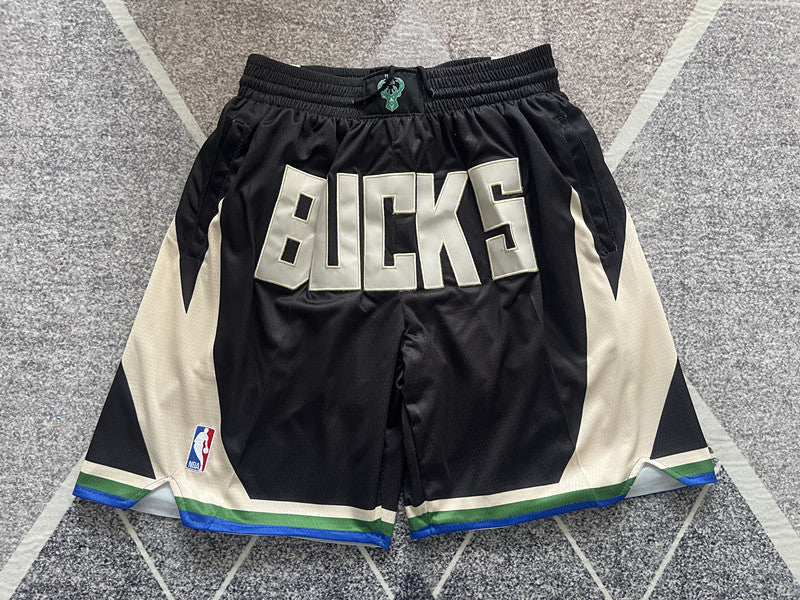 Black Milwaukee Bucks premium basketball shorts, full front view