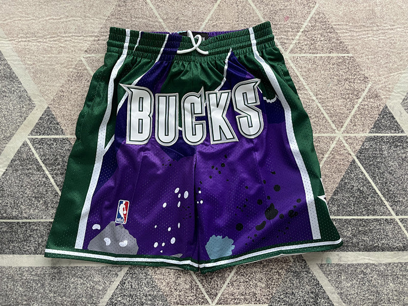 Multi-color Milwaukee Bucks premium basketball shorts, full front view