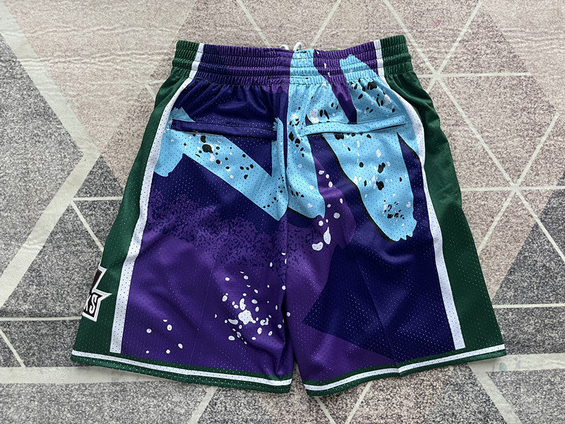 Multi-color Milwaukee Bucks premium basketball shorts, full back view
