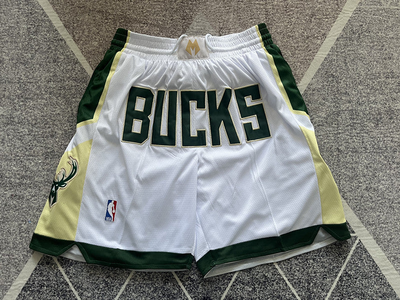 White Milwaukee Bucks premium basketball shorts, full front view