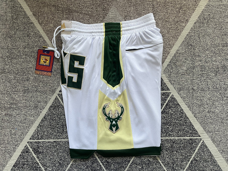 White Milwaukee Bucks premium basketball shorts, side panel detail